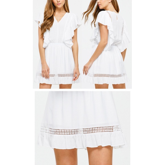 ✨Restock✨ White Ruffle Crochet Trim V-Neck Dress - Picture 6 of 8